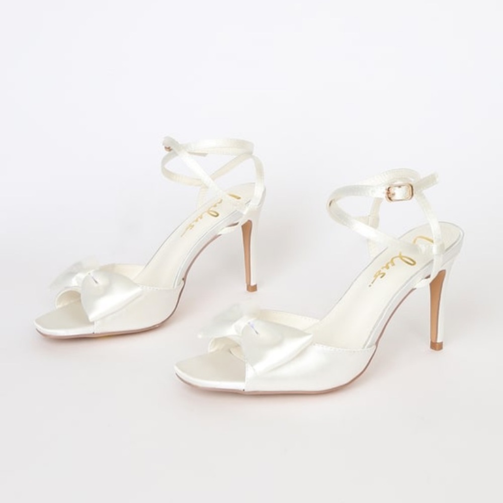 Recee White Satin Bow Ankle-Strap Heels